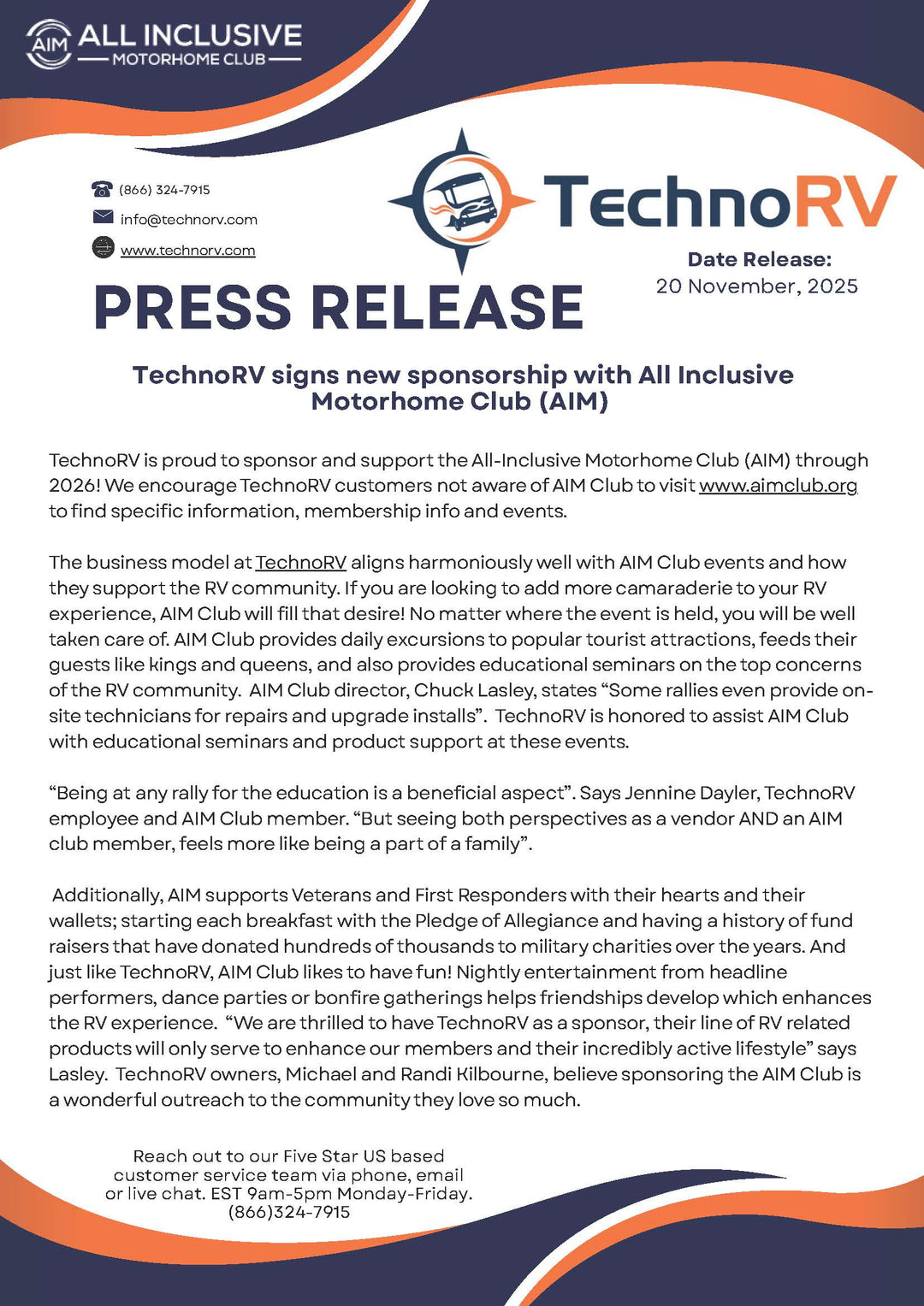 RV Press Release: TechnoRV signs new sponsorship with All Inclusive Motorhome Club (AIM)