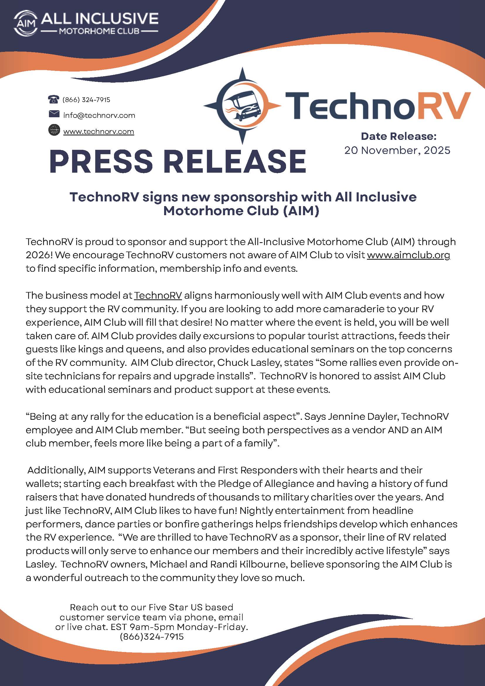 RV Press Release: TechnoRV signs new sponsorship with All Inclusive Motorhome Club (AIM)