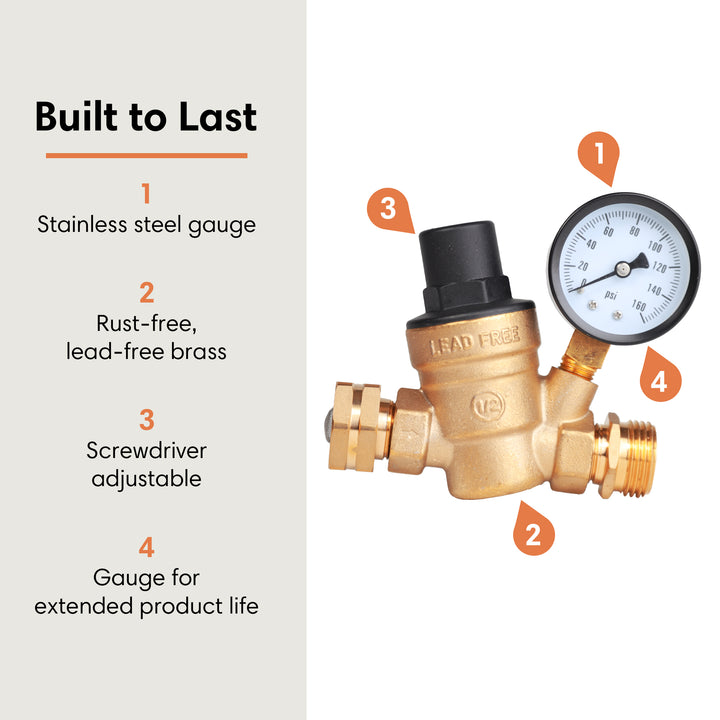 TechnoRV Water Pressure Regulator with Gauge – Brass