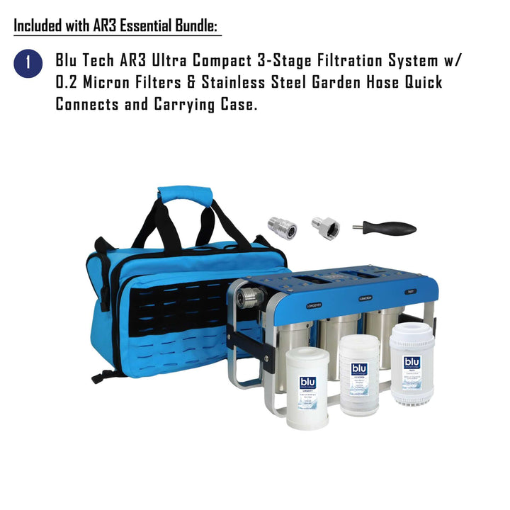 GoBluTech AR3 ESSENTIAL Bundle | Fully Equipped 3-Stage Filtration System, Stainless Steel Quick Connect Hoses, Pressure Regulator, 3 Way Splitter, and Filters Installed