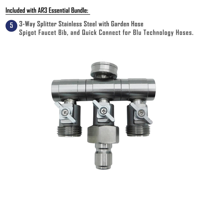GoBluTech AR3 ESSENTIAL Bundle | Fully Equipped 3-Stage Filtration System, Stainless Steel Quick Connect Hoses, Pressure Regulator, 3 Way Splitter, and Filters Installed