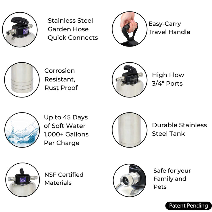 GoBluTech ELITE Portable Water Softener | Stainless Steel Housing, 10,000 Grain Resin, Stainless Steel Garden Hose Quick Connects
