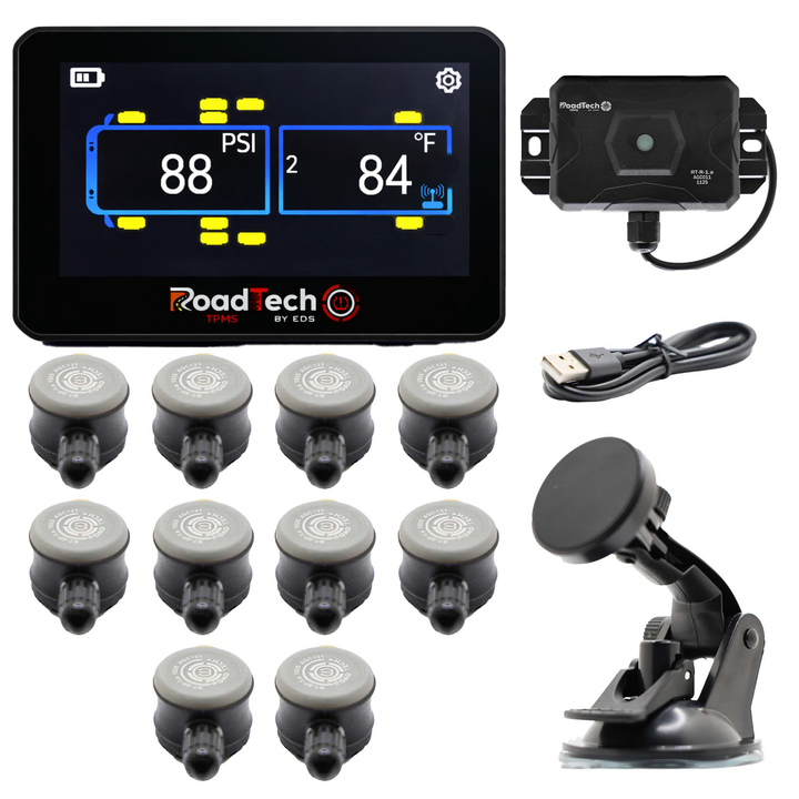 RoadTech TPMS Kit 4-12 Flow Through Sensors – Tire Pressure Monitoring System for RVs, Trailers & Tow Vehicles