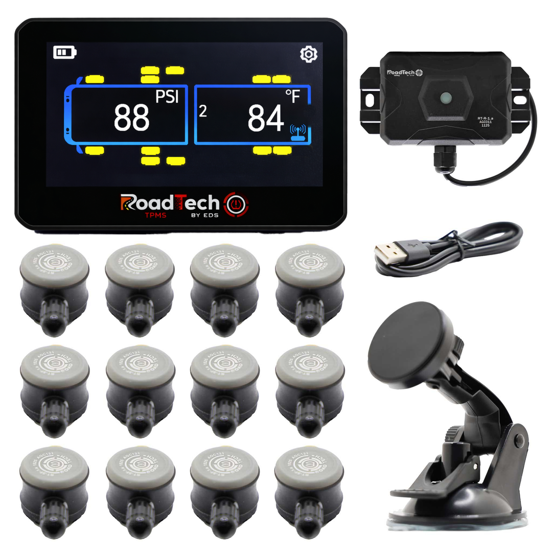 RoadTech TPMS Kit 4-12 Flow Through Sensors – Tire Pressure Monitoring System for RVs, Trailers & Tow Vehicles