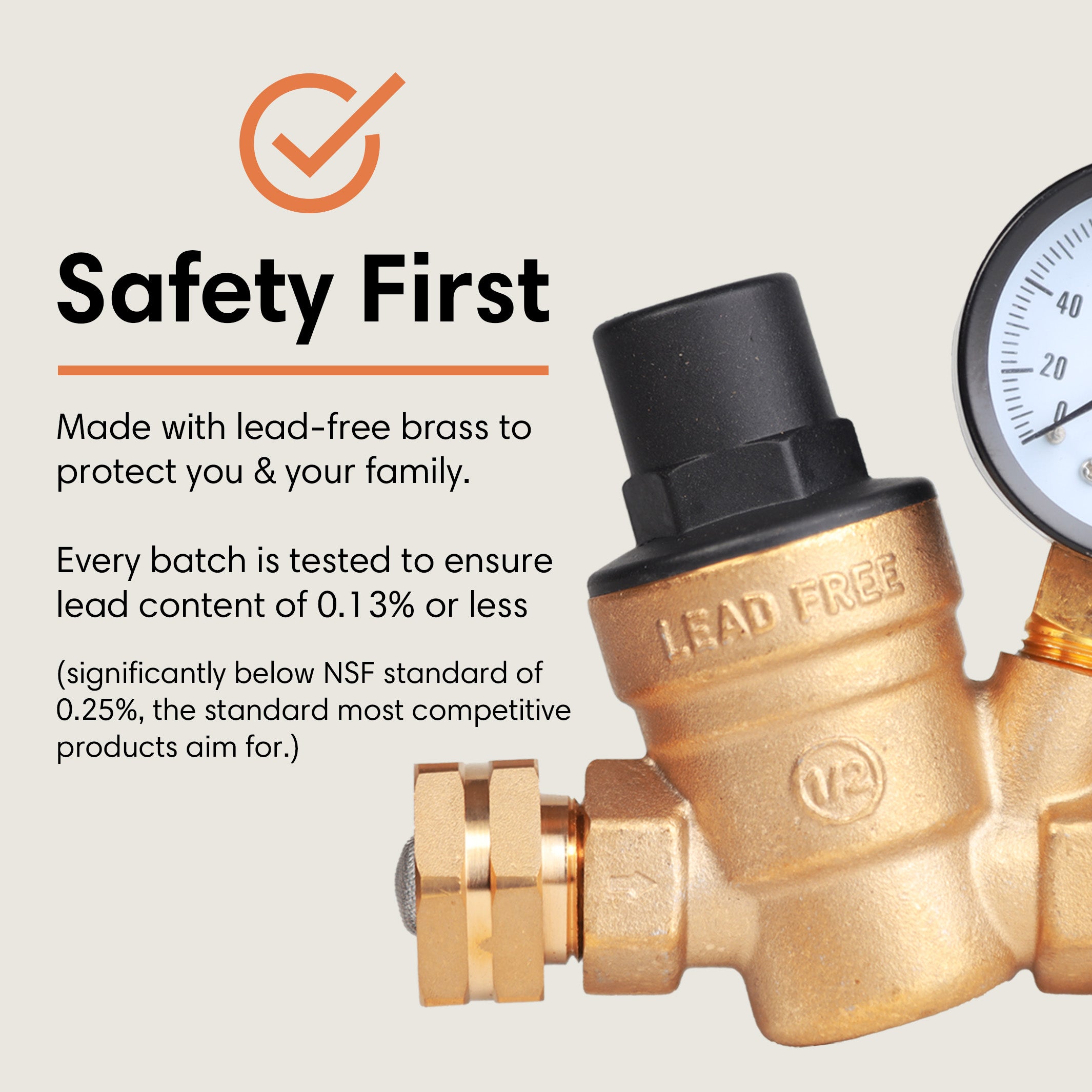 TechnoRV Water Pressure Regulator with Gauge Brass